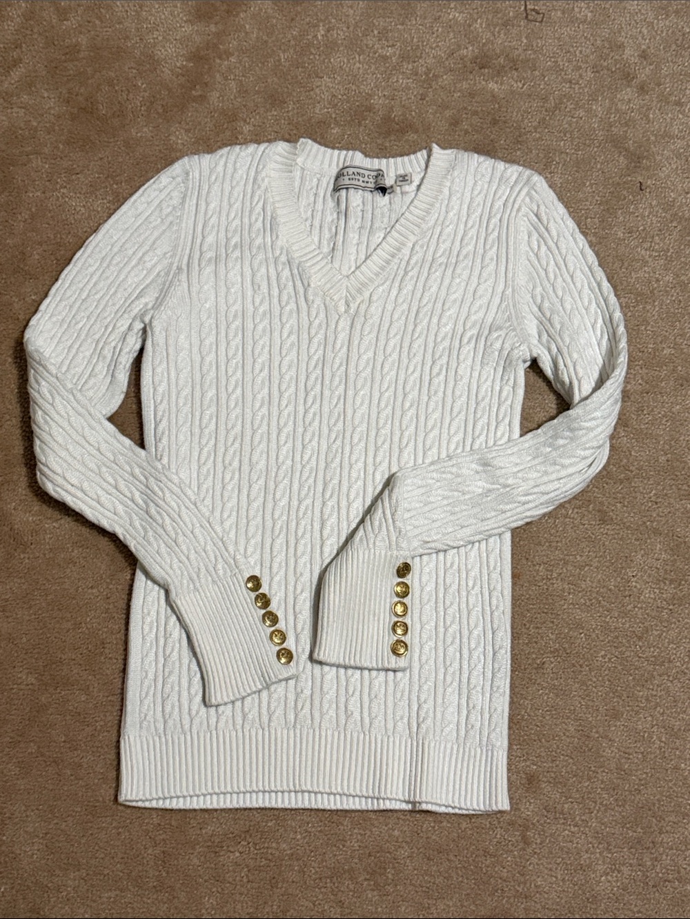 Cable-Knit V-Neck Sweater with Gold Button Cuffs - White
